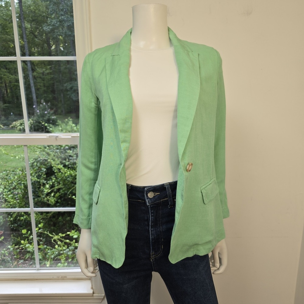 Ann Taylor Loft Green Linen Blend One Button Blazer Jacket Size XXSP Petite NWT